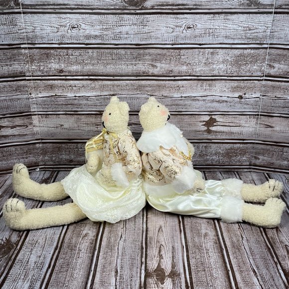 Set of 2 Stuffed Bears 15" Shelf Sitter Christmas Holiday Decor Cream Gold EUC - Picture 2 of 6